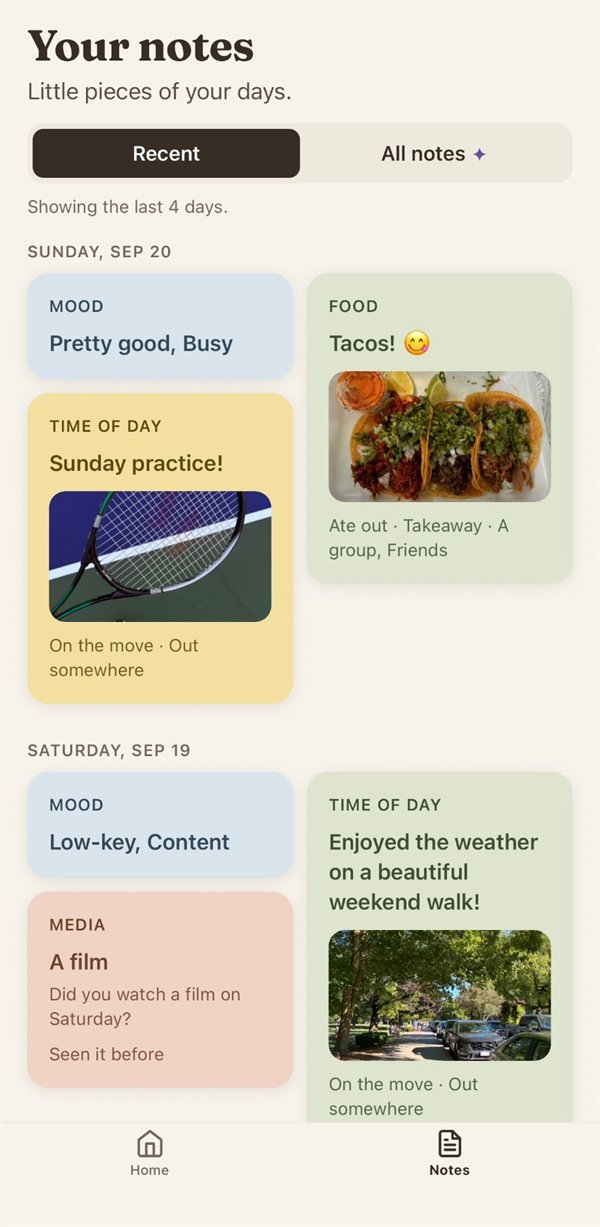 Your notes: coloured notes grouped by day, such as Tacos with a photo, Sunday practice with a tennis racket, and a weekend walk.